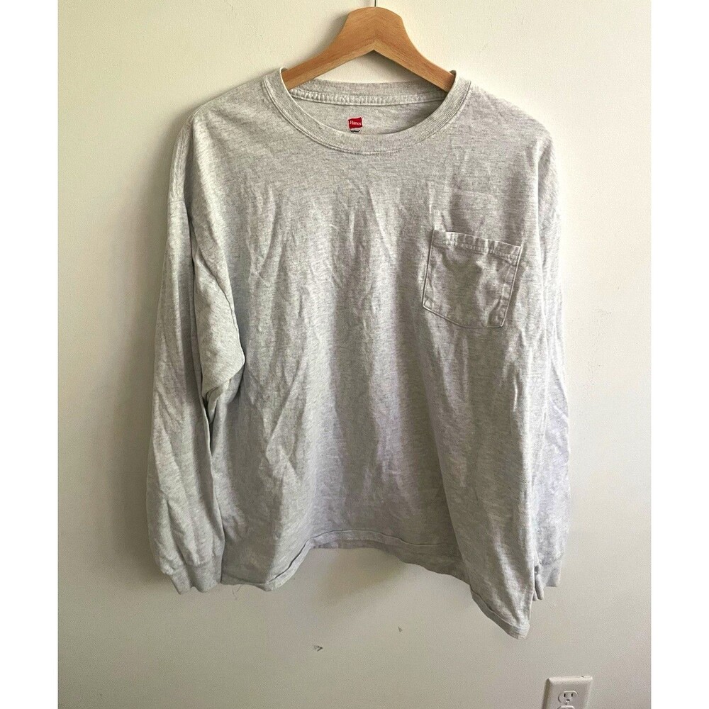 Hanes Men’s Gray Solid Crew Neck Long Sleeve Pocket Cotton Knit T-Shirt XL